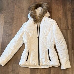 Celebrity Pink White Puffer Jacket with Fur Trim